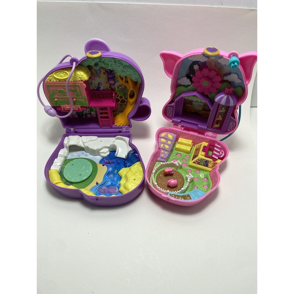 Polly Pocket  Pink Pig and Purple Elephant Adventure Compacts Lot no Figures